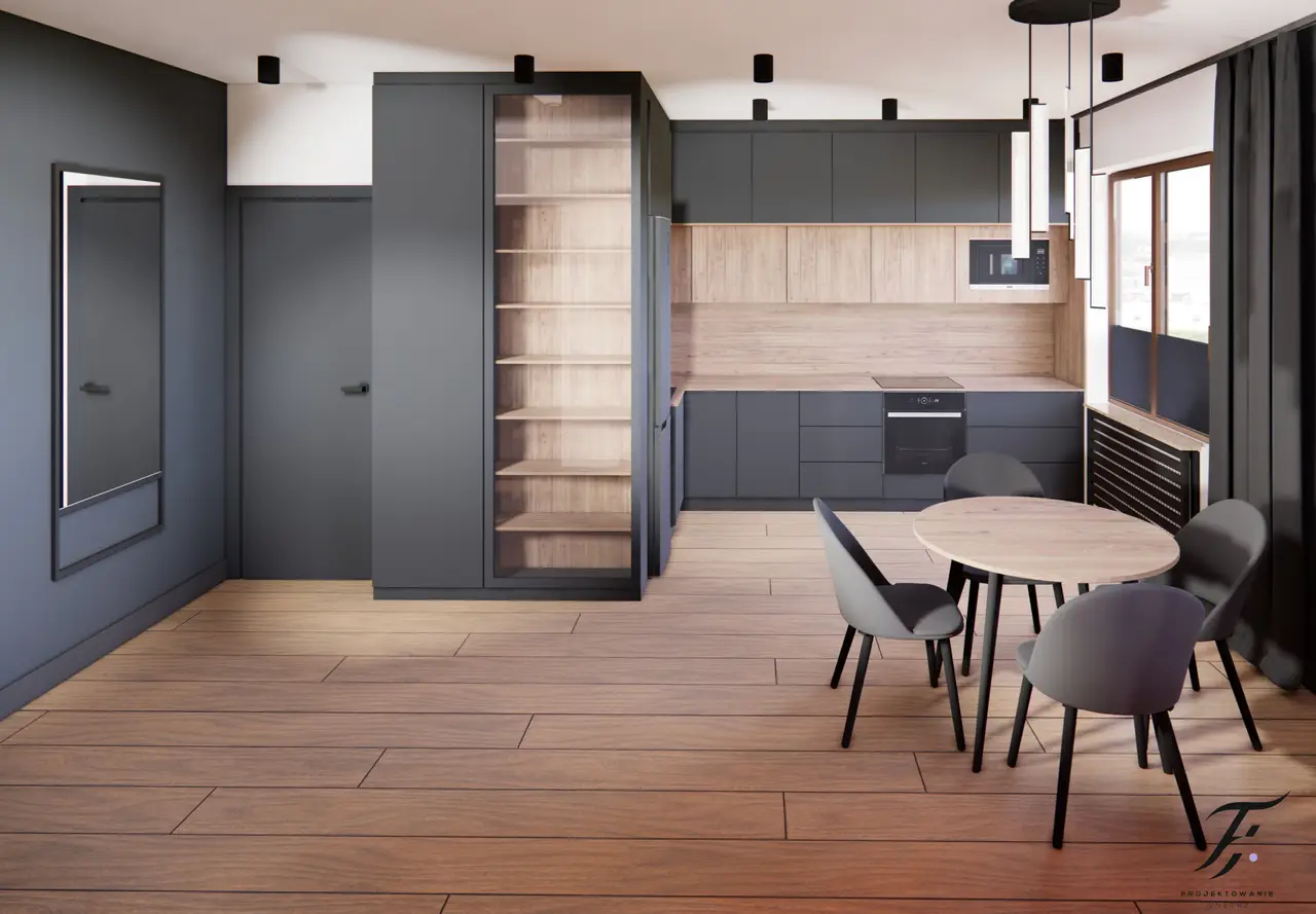 kawalerka czarna kuchnia z drewnem 